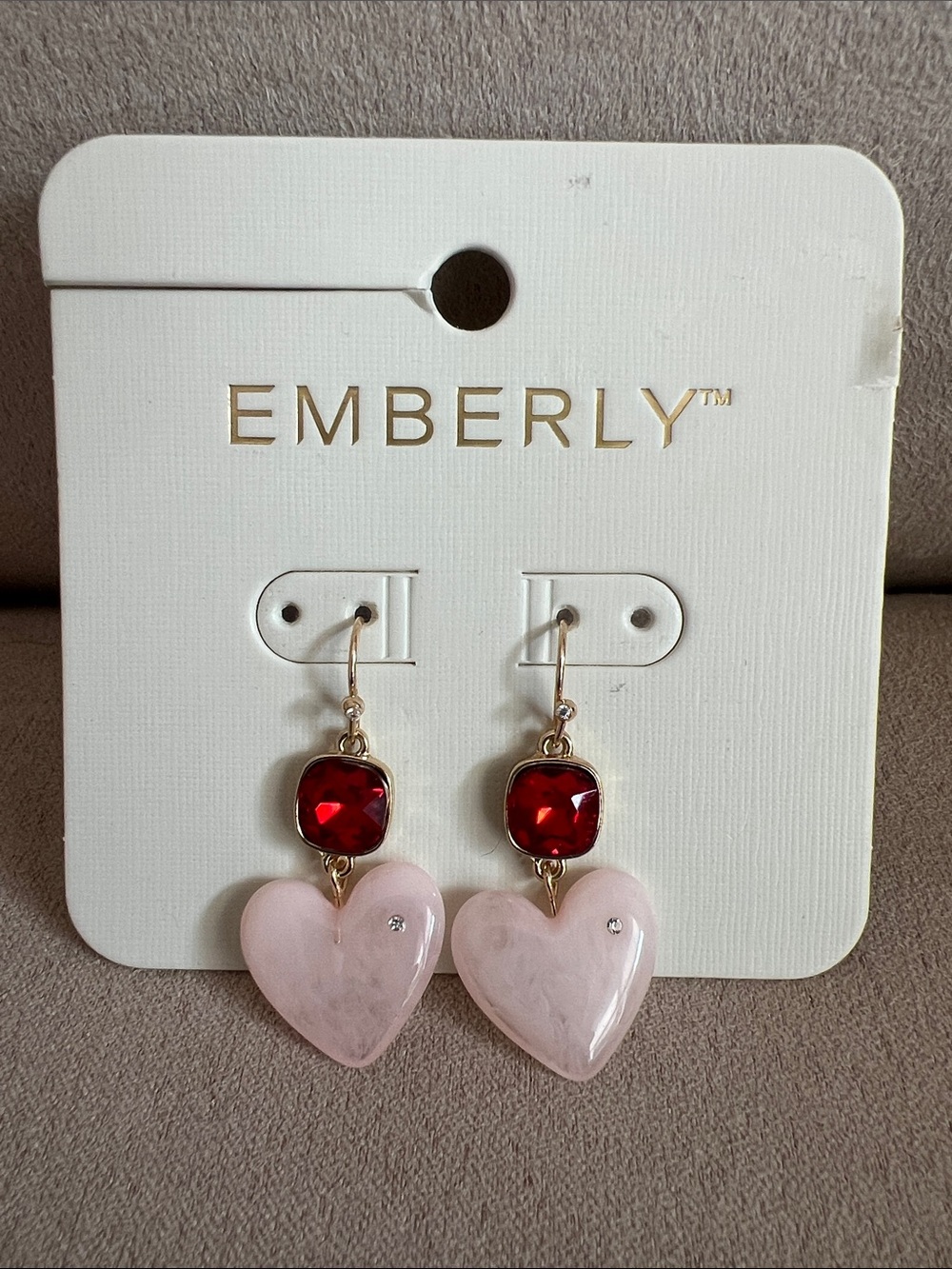 NWT Kohl's Emberly Gold-Tone Pink Heart Dangle Earrings with Red Stones
